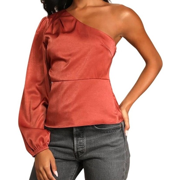 Lulus Tops - Lulus Meet Me at Happy Hour Marsala Blouse Satin One-Shoulder Top Small NWT